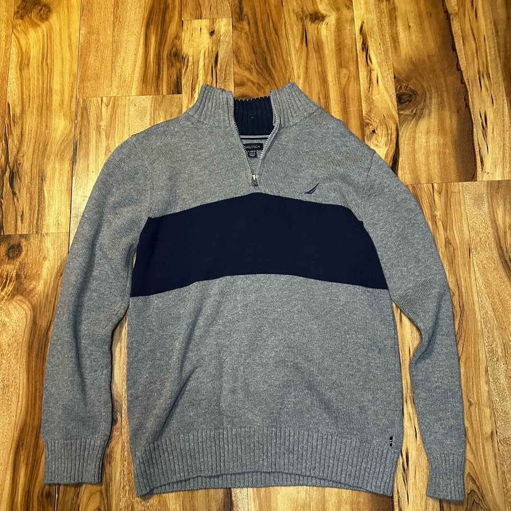 Nautica Boys Quarter Zip Sweater Youth Large 14/16 Gray Navy Cotton Pullover